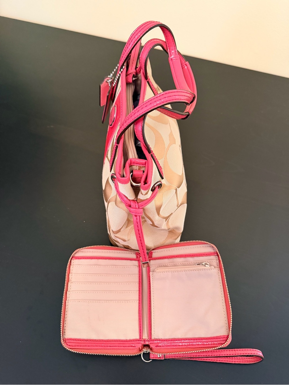 Coach Beige Signature Canvas Mini Tote with Hot Pink Trim and Wristlet - Picture 2 of 2